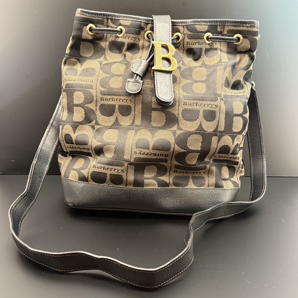 Vintage‎ Burberrys Bucket Bag Drawstring Big B Logo Canvas Black COA Excellent